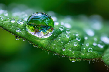 Fototapeta premium Large Water Droplet on Green Leaf Macro