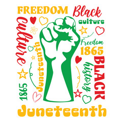 Juneteenth Freedom Black Culture bold typography design with raised fist, 1865 date, and heart elements