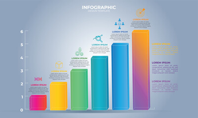 Modern multicolored bar chart infographic with six bright levels (fuchsia, yellow, green, blue, purple). Business hierarchy diagram with icons. Gray version template. Infochart infographic 