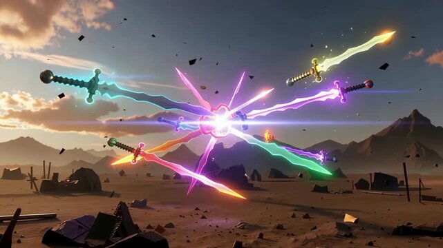 Dynamic animation of a vibrant array of magical glowing swords converging and clashing in a desolate