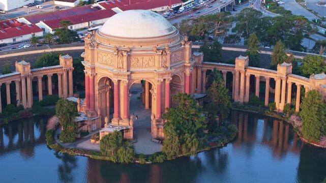 This beautiful aerial captures the historic Palace of Fine Arts standing gracefully against the San Francisco morning skyline