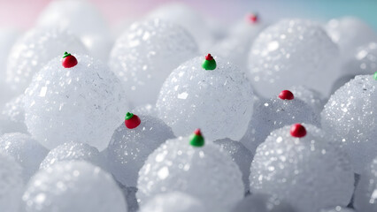 Macro Close-up of Sparkling Crystal Snowballs with Red and Green Miniature Tops