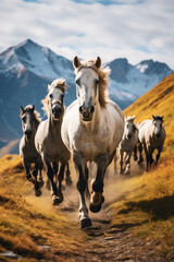 Obraz premium Group of horses running through a shallow stream with green mountain slopes and snowy peaks behind.