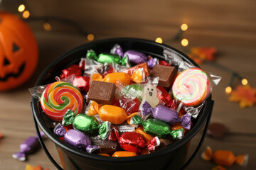 Halloween candy bucket with assorted sweets and a carved pumpkin