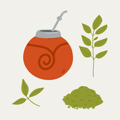 Fototapeta premium Yerba Mate and Pumpkin Calabash on isolated background. Hand drawn of mate branch with tea leaves. Vessel with hot drink. For logo, label, card. Food and drink, medicinal plant. Vector illustration