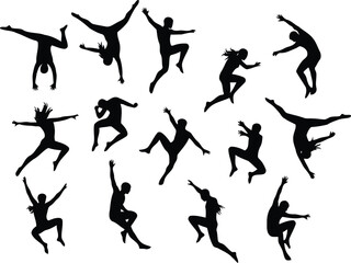 Collection of black silhouettes of people jumping in various poses isolated on
