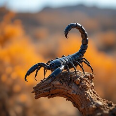 A black scorpion perched on a piece of wood outdoors