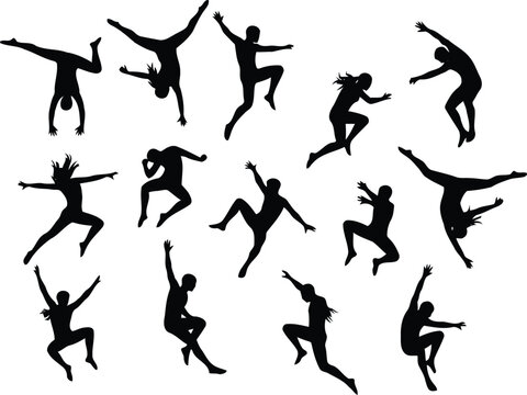 Collection of black silhouettes of people jumping in various poses isolated on