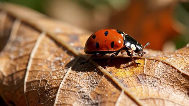 Macro close-up of red ladybug crawling on dry brown autumn leaf