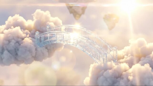Ethereal arched bridge connecting clouds in cinematic dreamscape.