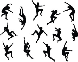 Collection of various black silhouettes of people dancing isolated on in different poses