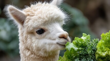 Fototapeta premium An alpaca eats lettuce while standing in a farm setting. The animal has a fluffy coat and appears focused on its meal. Green plants surround the scene showing a sunny day.