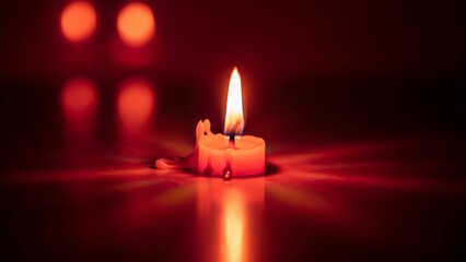A single lit candle casting a warm glow with soft bokeh lights in the background