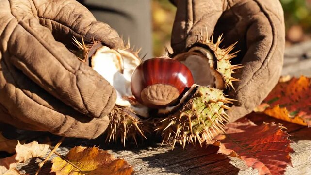 Gloved hands opening spiky green horse chestnut shell to reveal shiny brown conker on wooden surface with colorful autumn leaves