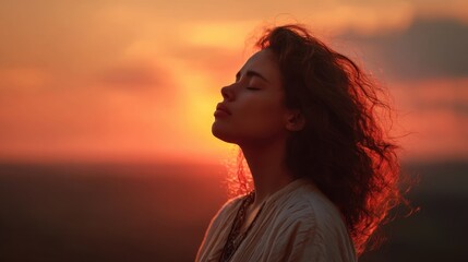 Fototapeta premium A woman stands still with her eyes closed enjoying the sunset. Her curly hair glows in the warm light. She is in a natural outdoor setting surrounded by a beautiful landscape.