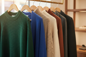 Colorful sweaters and jackets hanging on a rack
