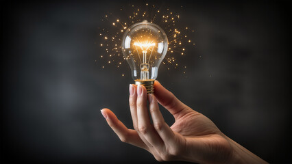 Hand of man holding illuminated light bulb, idea, innovation and inspiration concept creativity with bulbs that shine glitter
