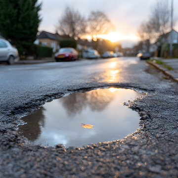 Pothole Reflection at Sunset An Urban Scene on a Wet Road with a Leaf