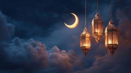 Obraz premium Three decorative lanterns light up against a dark sky filled with clouds. A crescent moon shines brightly above them marking a special nighttime event.