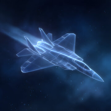 Futuristic Holographic F 15 Eagle Fighter Jet Flying Through the Nebula Clouds