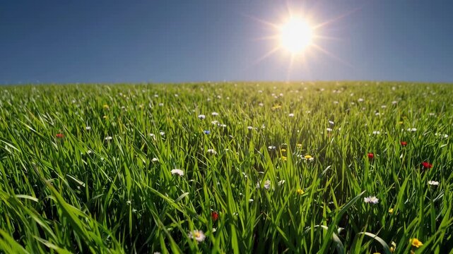 Bright sunlight shines over a vibrant green meadow, dotted with small wildflowers under a clear blue sky. ideal for nature, relaxation, and environmental concepts. captures the essence of tranquility 