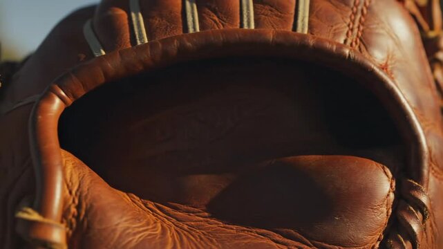 Extreme Close-Up of Brown Leather Baseball Glove Texture with Stitching and Laces