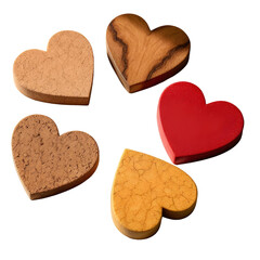 Heart-shaped coaster set wood or cork, isolated on transparent background