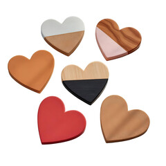 Heart-shaped coaster set wood or cork, isolated on transparent background