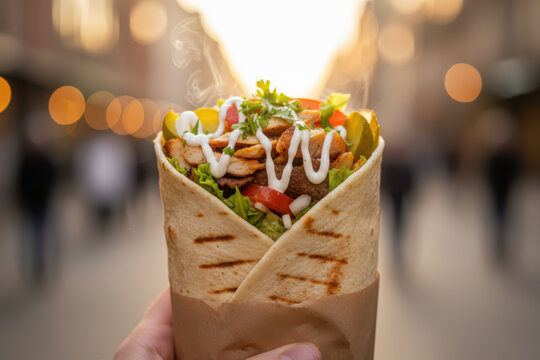 Hand holding fresh chicken and beef shawarma wrap with vegetables and sauce on a blurred street background