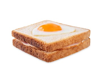 Heart shaped fried egg sandwich with ham and heart for Valentine's Day on a white isolated background