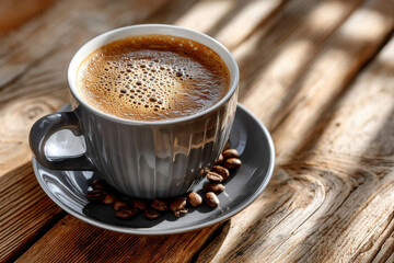 Gray Coffee Cup Filled with Fresh Brew and Coffee Beans on Rustic Wood Table