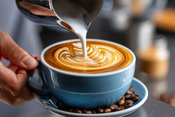 Expert barista creates latte art using steamed milk on a freshly brewed coffee drink