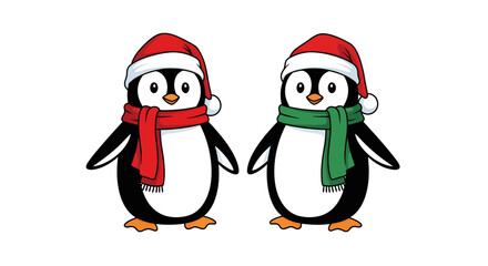 Fototapeta premium Penguin Pair in Holiday Cheer Cartoon Penguins in Santa Hats with Red and Green Scarves