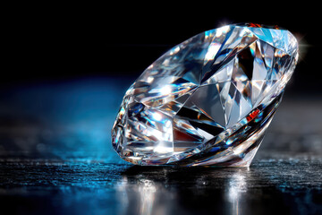 Large Sparkling Diamond on Dark Reflective Surface