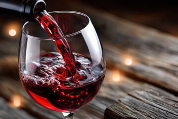 Pouring red wine into a glass with bubbles, creating a relaxing atmosphere at sunset
