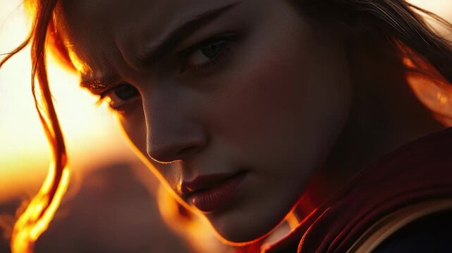 Footage A portrait of a woman wearing a cape, with a focus on her face and upper body