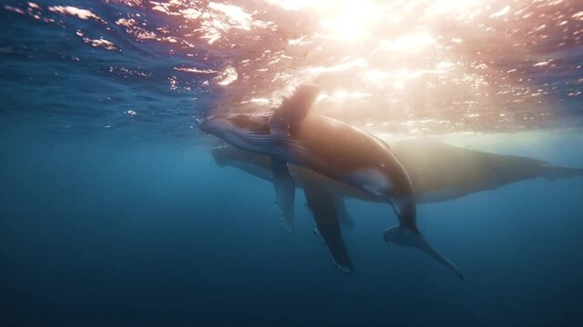 Humpback Whale Mother and Clf Swimming Under Sun Rays