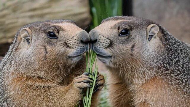 Footage Two groundhogs sitting side by side, perhaps enjoying the outdoors together