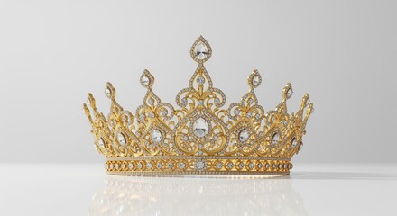 A golden crown with detailed designs and clear gems sits on a white surface. Perfect for royal themes, beauty contests, wedding designs, or luxury brand content. Ideal for elegance concepts.