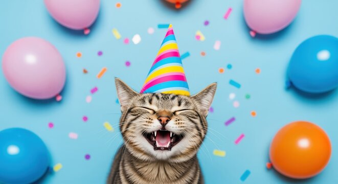 Happy tabby cat wearing a bright party hat surrounded by colorful balloons and confetti on blue background. Perfect for birthday cards, party invites, or celebration themes.