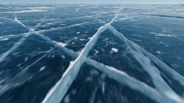Close up of blue ice surface with cracks and patterns