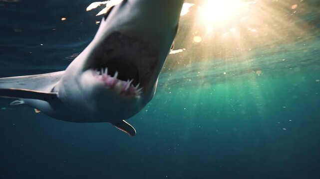 Mako Shark Swimming Through Sunbeams in the Ocean