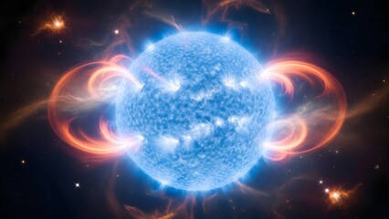 Obraz premium Celestial Luminescence: A radiant blue star shines brightly amidst cosmic energy, its surface pulsating with intense light and vibrant colors.