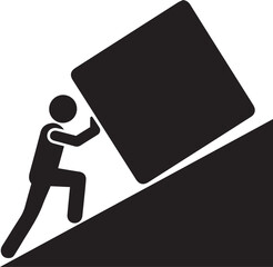 Black silhouette of a person pushing a large cube up a steep incline on a white background block