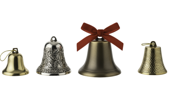 Set of decorative metallic Christmas bells with a red velvet bow, isolated on a transparent background PNG for traditional decor (क्रिसमस बेल्स) - Powered by Adobe