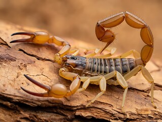 A scorpion perched on a piece of wood ready to strike