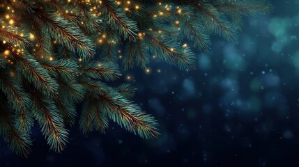Green pine tree branches are lit with small lights. Snowflakes are falling in the background creating a winter scene during the evening. The colors are dark and rich.