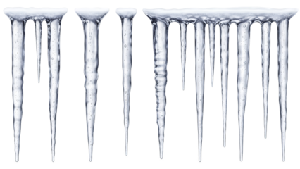 Collection of realistic icy blue icicles for winter and cold weather scene design, isolated on a transparent background PNG (बर्फीले आइकल्स)