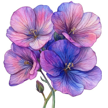 Matthiola Flower, soft and charming watercolor, isolated on a white background, delicate and elegant style.