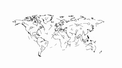 Global network connections visualized on a hand-drawn world map with interconnected lines and points.